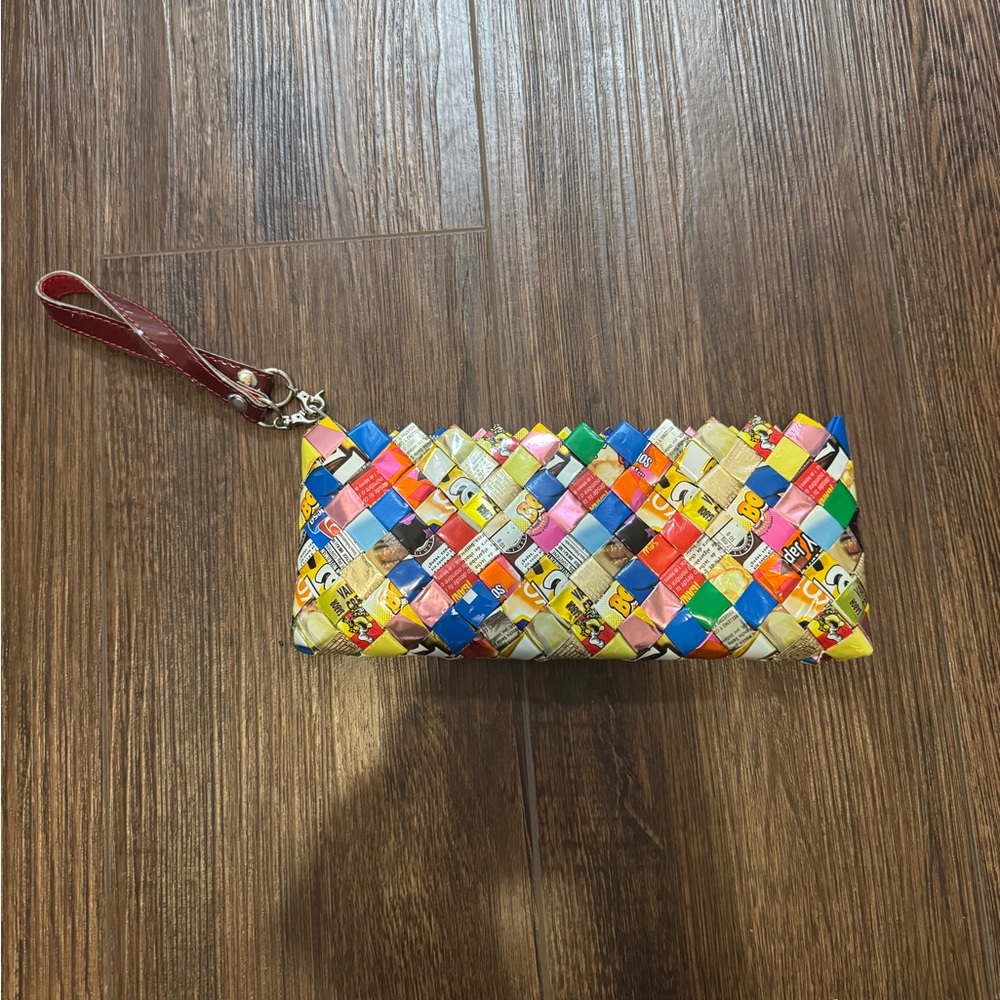 Nahui Ollin Multicolor Wristlet made out of recycled bags